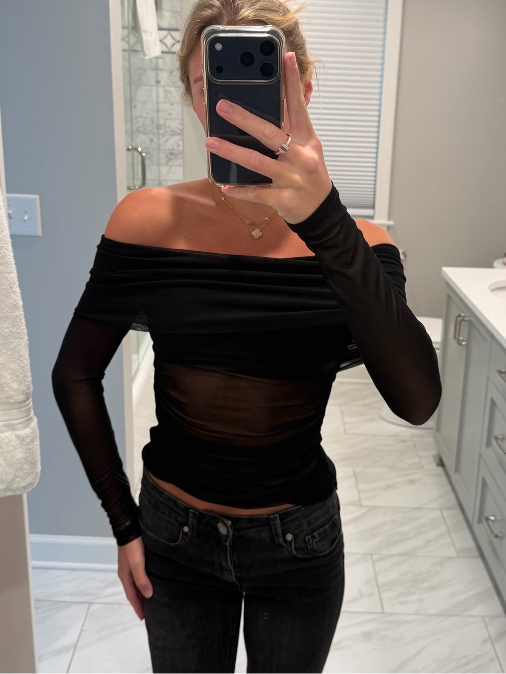 superdown Black Off-Shoulder Sheer Mesh Long Sleeve Top